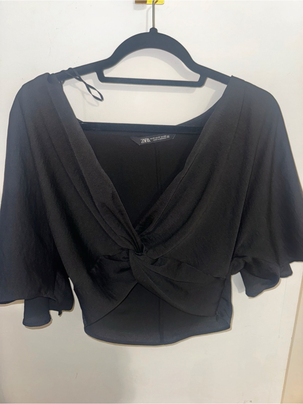 Zara Black Twist-Front V-Neck Blouse with Flutter Sleeves